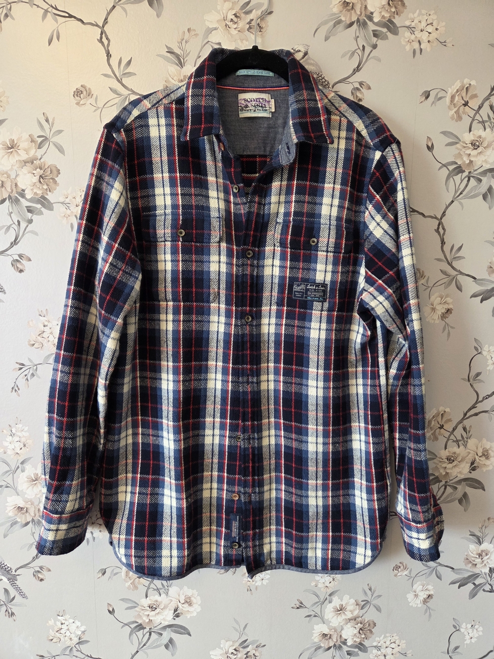 Scotch & Soda Navy, Plaid Long-Sleeve Button-Down Shirt Size Medium Regular